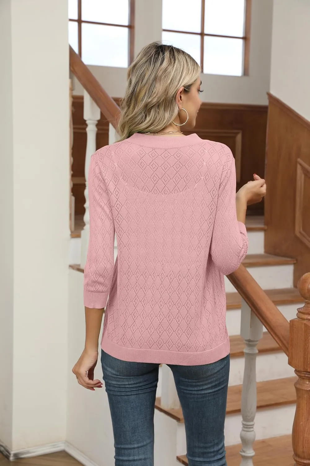 Women's Cardigans 3/4 Sleeve Open Front Lightweight Cropped Cardigan Sweater Hollow Out Knit Shrugs for Dresses