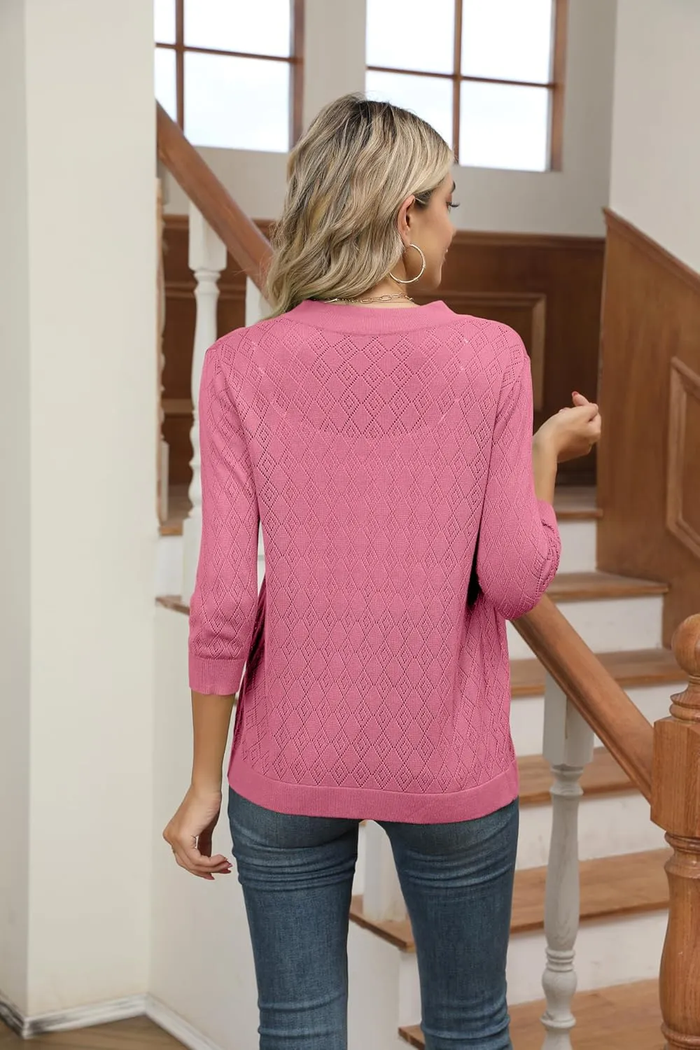 Women's Cardigans 3/4 Sleeve Open Front Lightweight Cropped Cardigan Sweater Hollow Out Knit Shrugs for Dresses