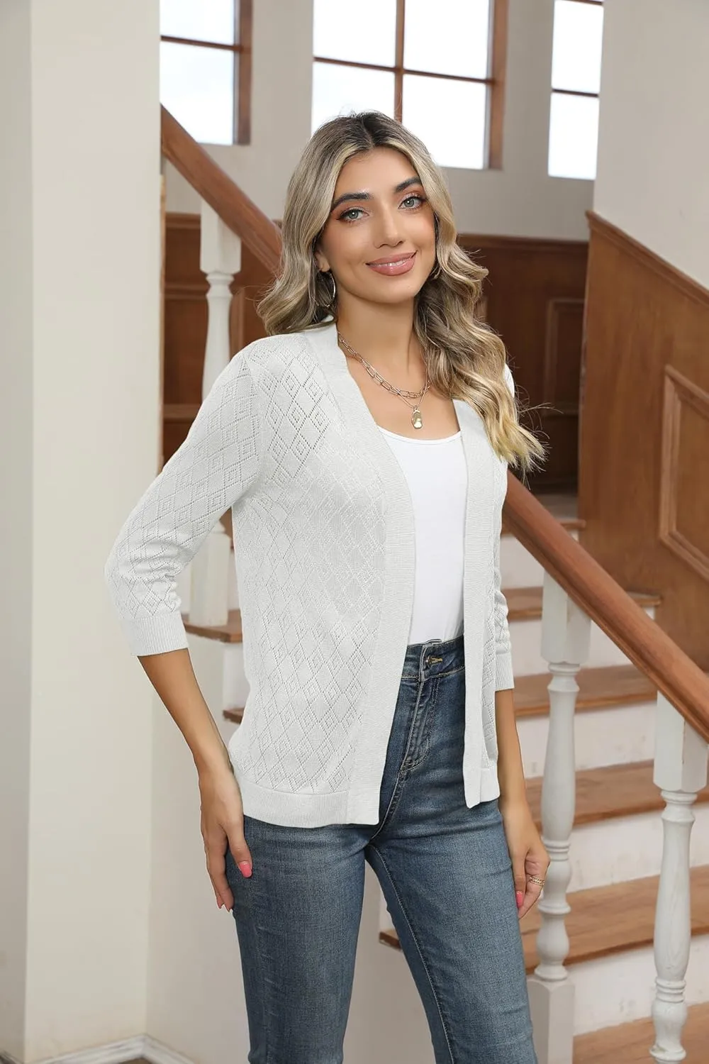 Women's Cardigans 3/4 Sleeve Open Front Lightweight Cropped Cardigan Sweater Hollow Out Knit Shrugs for Dresses