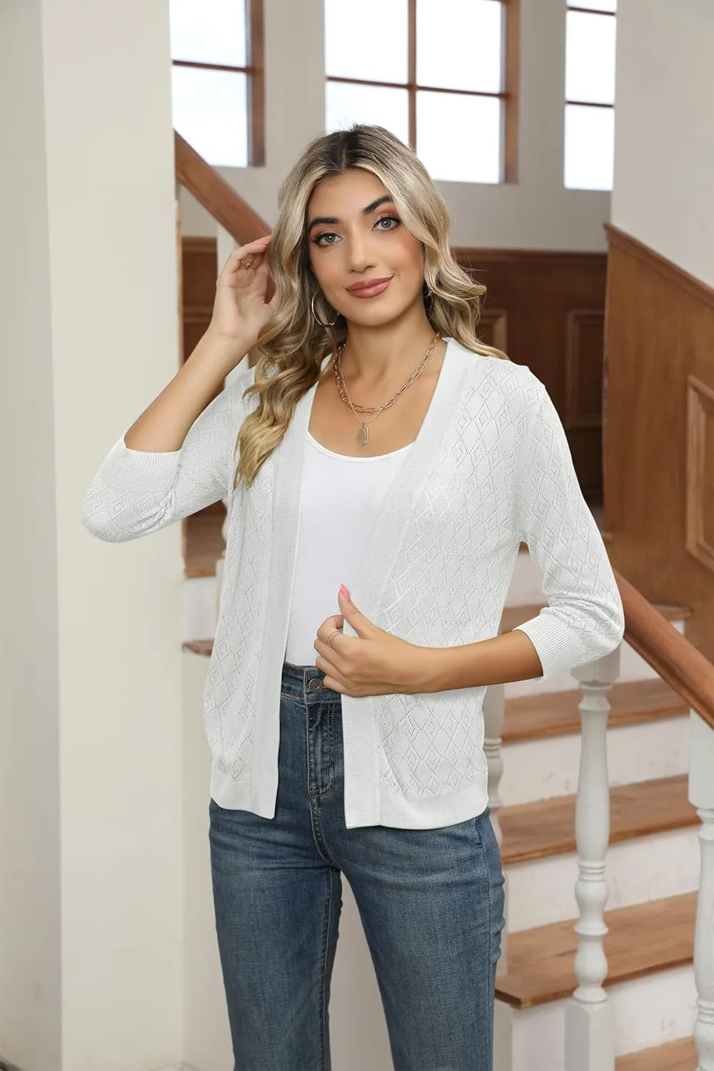 Women's Cardigans 3/4 Sleeve Open Front Lightweight Cropped Cardigan Sweater Hollow Out Knit Shrugs for Dresses