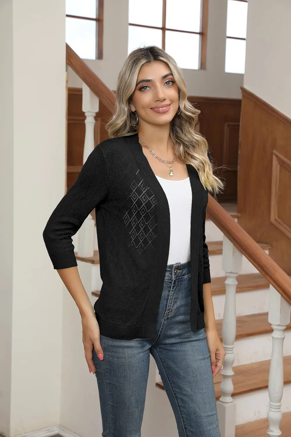 Women's Cardigans 3/4 Sleeve Open Front Lightweight Cropped Cardigan Sweater Hollow Out Knit Shrugs for Dresses