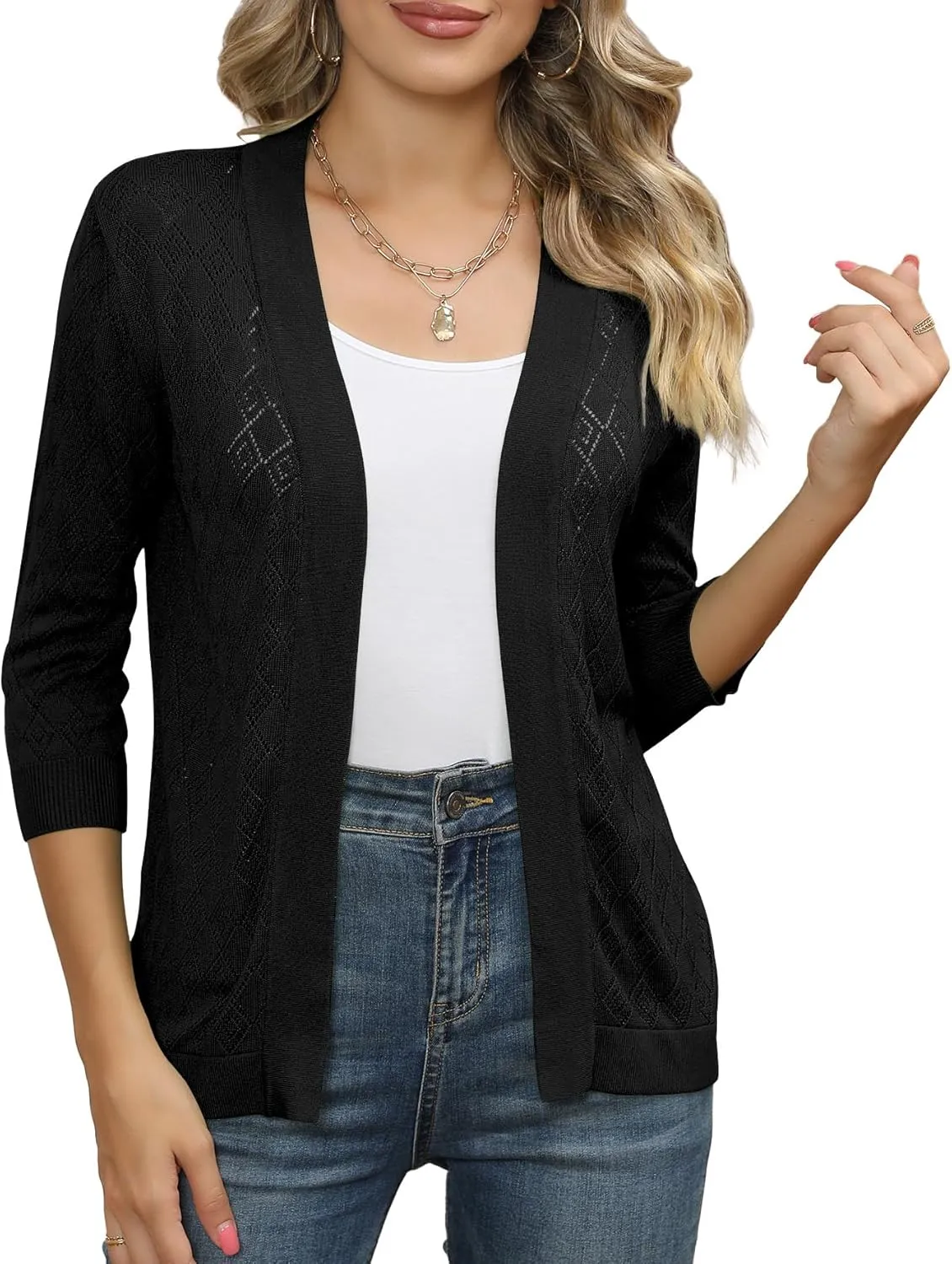 Women's Cardigans 3/4 Sleeve Open Front Lightweight Cropped Cardigan Sweater Hollow Out Knit Shrugs for Dresses