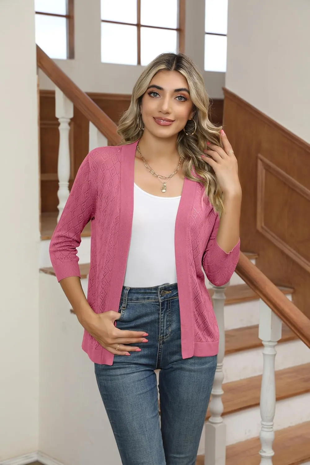 Women's Cardigans 3/4 Sleeve Open Front Lightweight Cropped Cardigan Sweater Hollow Out Knit Shrugs for Dresses