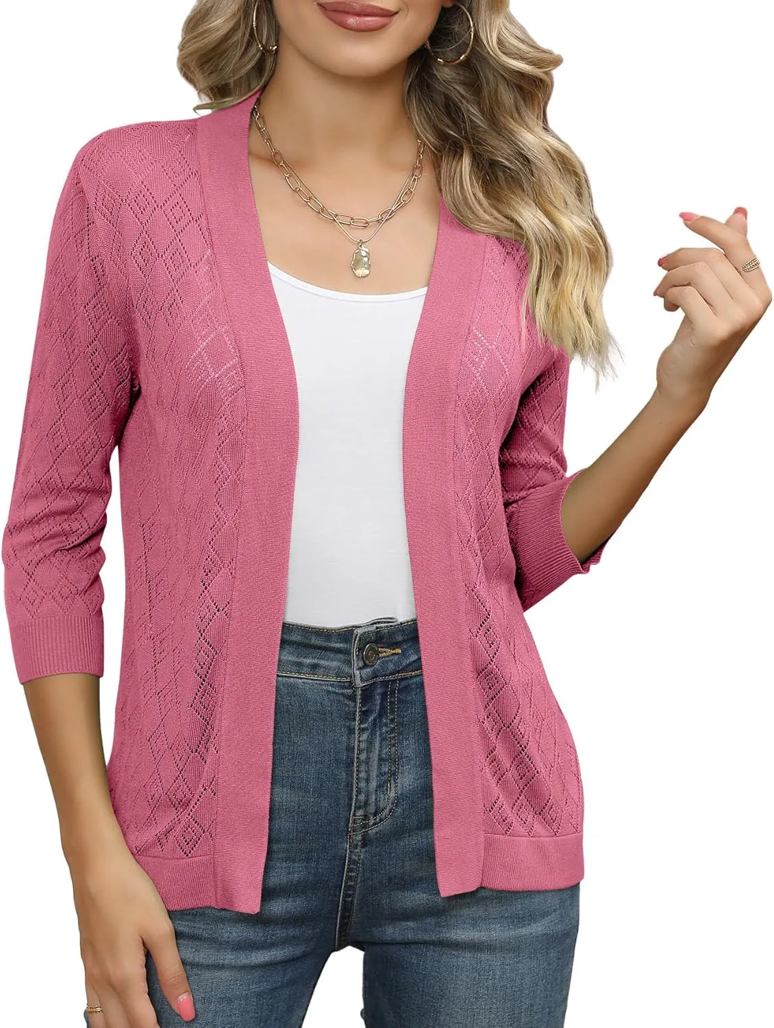 Women's Cardigans 3/4 Sleeve Open Front Lightweight Cropped Cardigan Sweater Hollow Out Knit Shrugs for Dresses