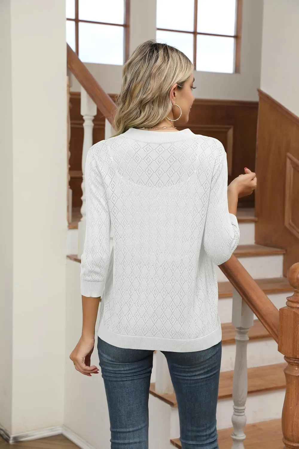 Women's Cardigans 3/4 Sleeve Open Front Lightweight Cropped Cardigan Sweater Hollow Out Knit Shrugs for Dresses