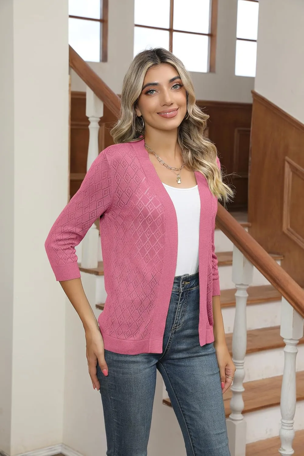 Women's Cardigans 3/4 Sleeve Open Front Lightweight Cropped Cardigan Sweater Hollow Out Knit Shrugs for Dresses