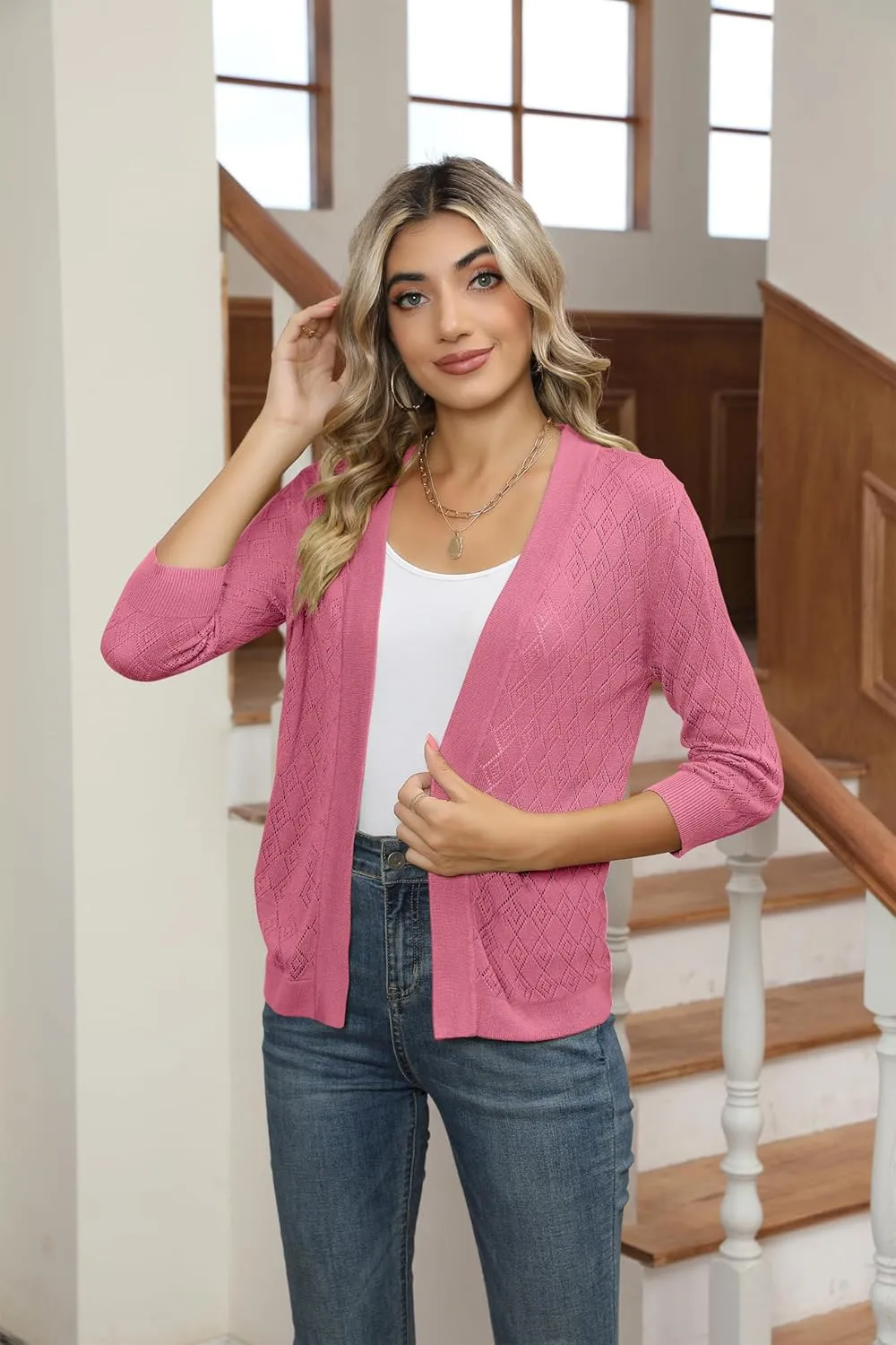Women's Cardigans 3/4 Sleeve Open Front Lightweight Cropped Cardigan Sweater Hollow Out Knit Shrugs for Dresses