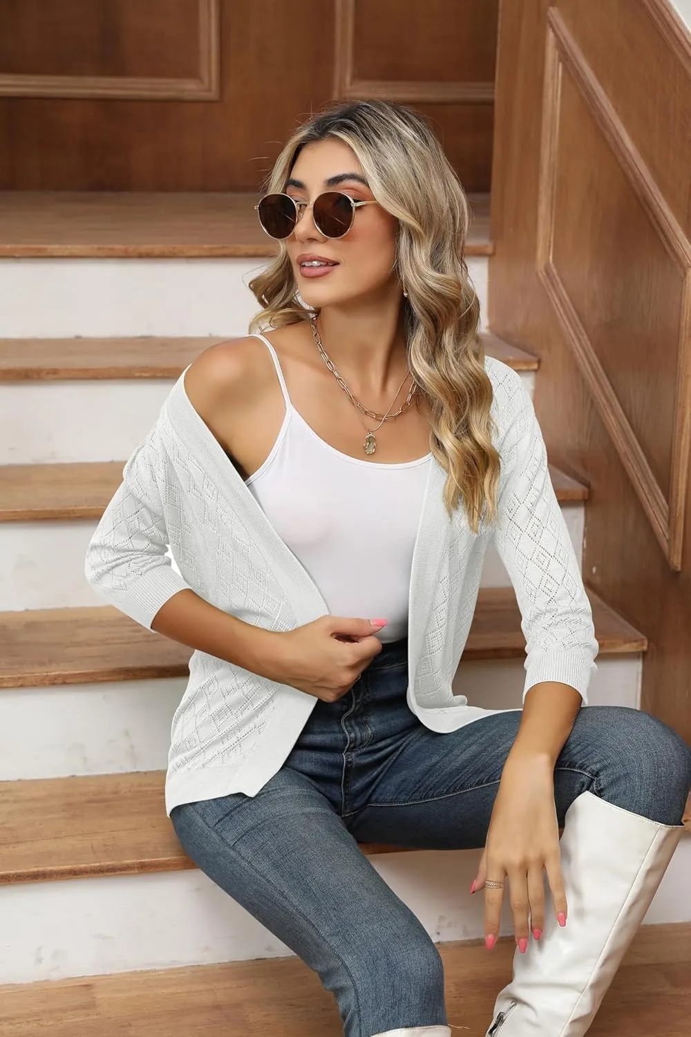 Women's Cardigans 3/4 Sleeve Open Front Lightweight Cropped Cardigan Sweater Hollow Out Knit Shrugs for Dresses