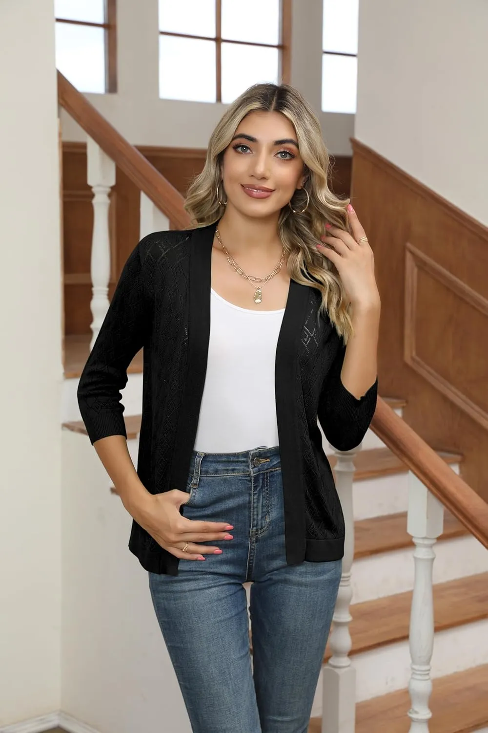 Women's Cardigans 3/4 Sleeve Open Front Lightweight Cropped Cardigan Sweater Hollow Out Knit Shrugs for Dresses