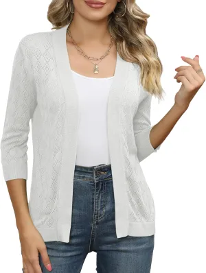 Women's Cardigans 3/4 Sleeve Open Front Lightweight Cropped Cardigan Sweater Hollow Out Knit Shrugs for Dresses
