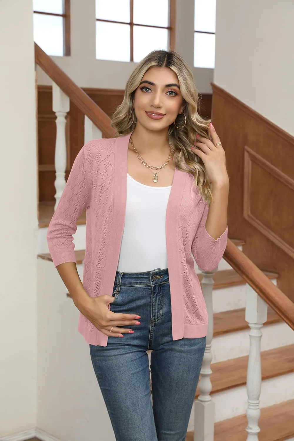 Women's Cardigans 3/4 Sleeve Open Front Lightweight Cropped Cardigan Sweater Hollow Out Knit Shrugs for Dresses