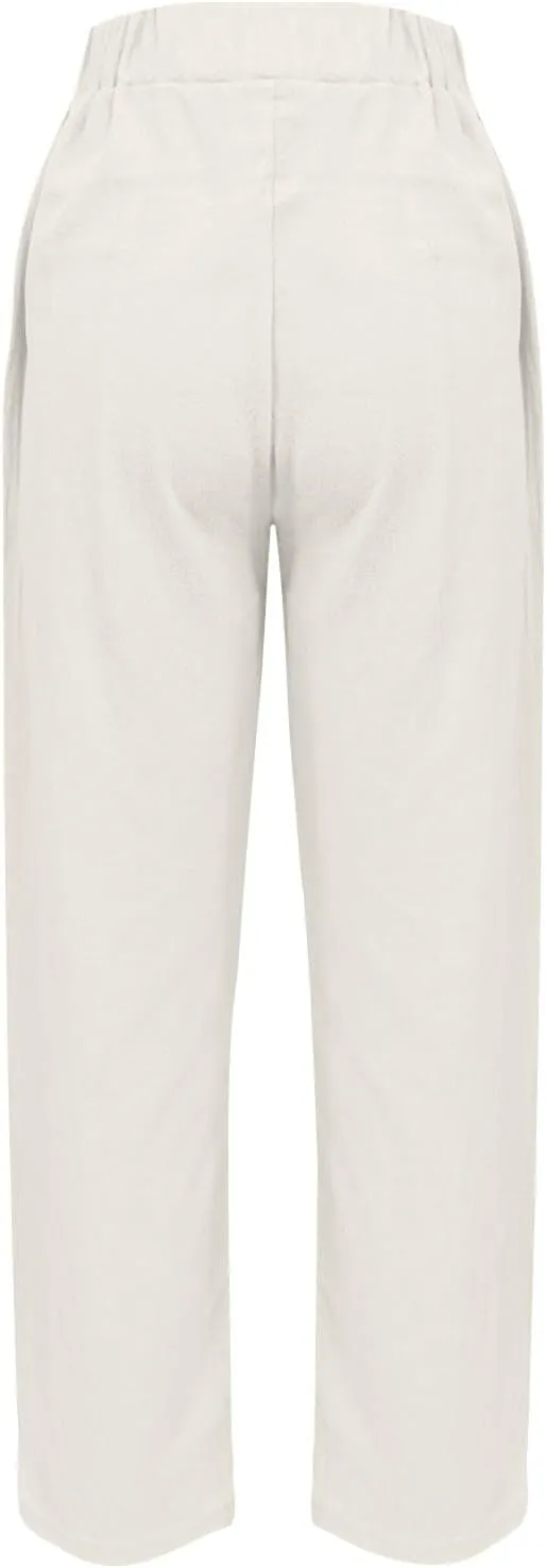 Womens Cargo Pants, Women's Casual Pants Peasant Straight Leg Linen Elastic Waist