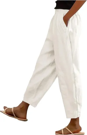Womens Cargo Pants, Women's Casual Pants Peasant Straight Leg Linen Elastic Waist