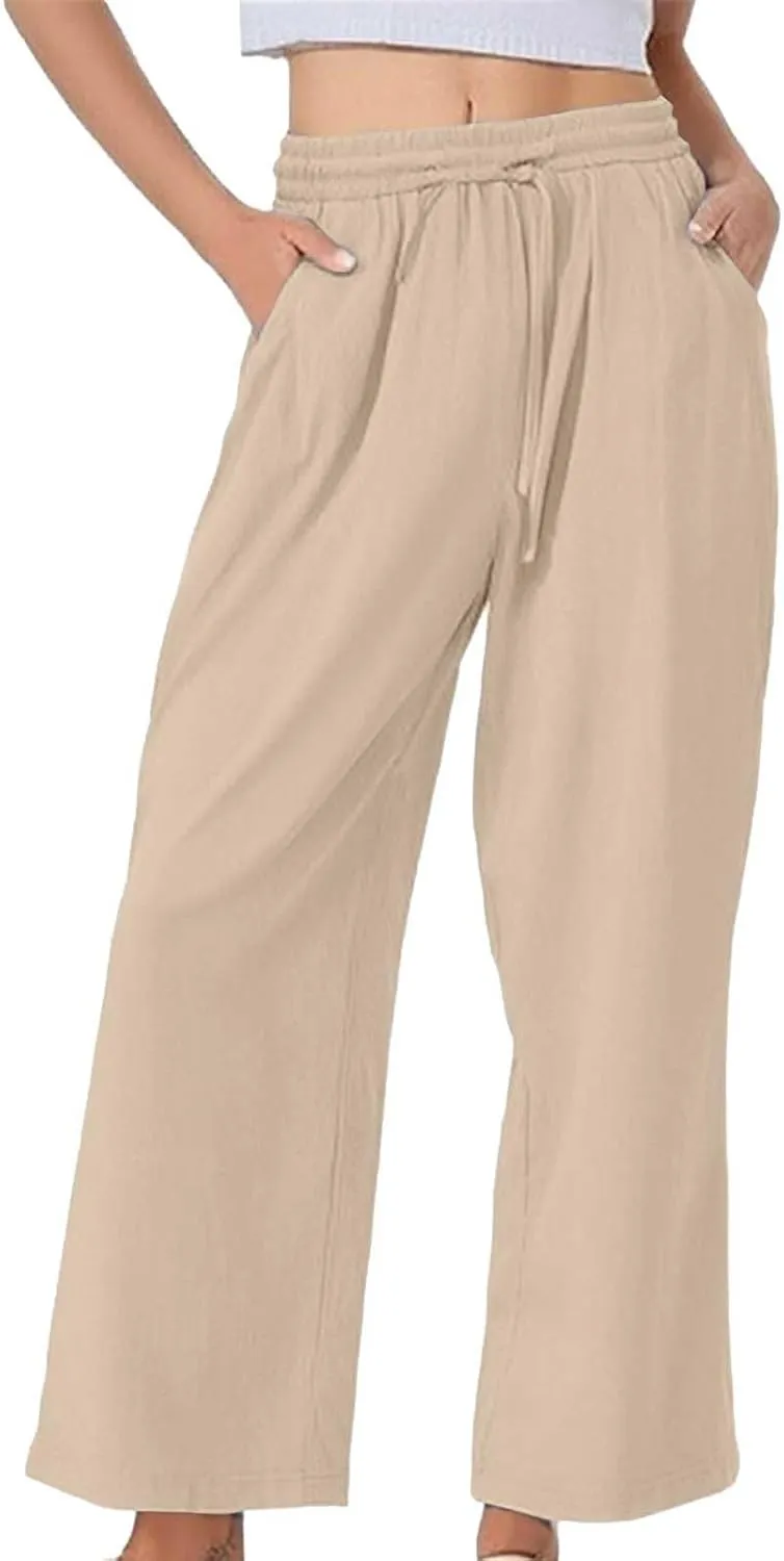 Women's Casual Cotton Linen Pants Summer Drawstring Elastic Waist Solid Plus Size Lounge Long Trousers with Pockets