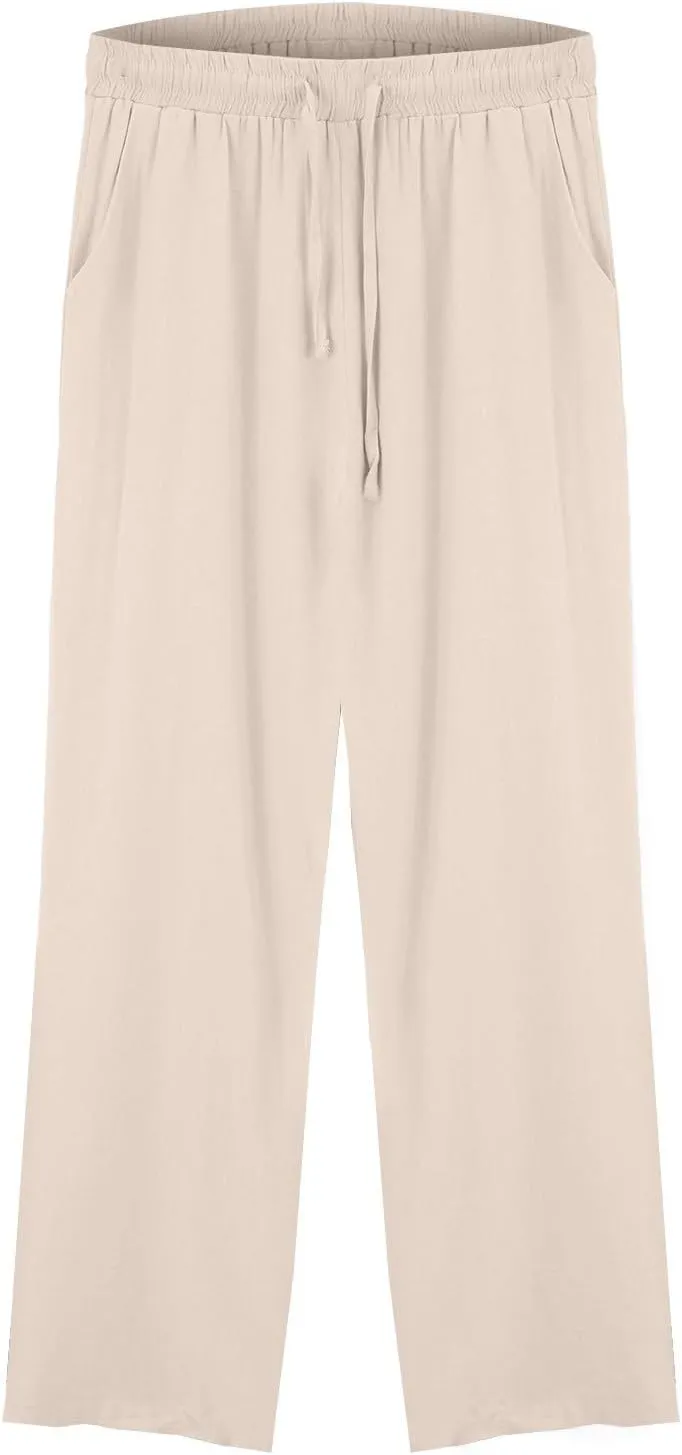 Women's Casual Cotton Linen Pants Summer Drawstring Elastic Waist Solid Plus Size Lounge Long Trousers with Pockets