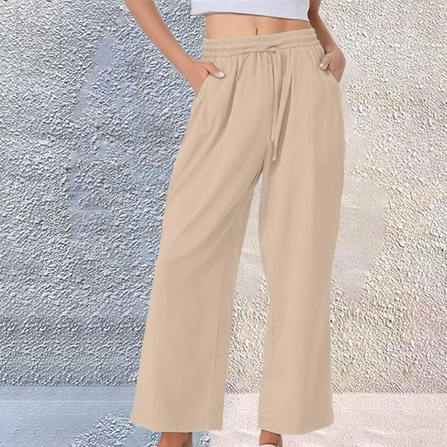 Women's Casual Cotton Linen Pants Summer Drawstring Elastic Waist Solid Plus Size Lounge Long Trousers with Pockets