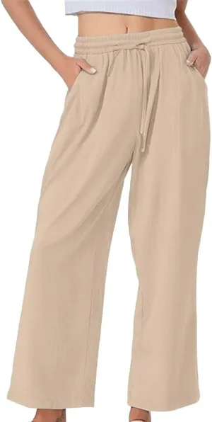 Women's Casual Cotton Linen Pants Summer Drawstring Elastic Waist Solid Plus Size Lounge Long Trousers with Pockets