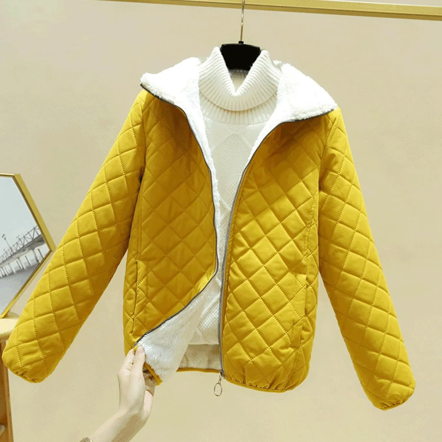 Women's Casual Full Zip Up Sherpa Lined Jackets Winter Warm Cotton Padded Quilted Coats Comfy Soft Outerwear