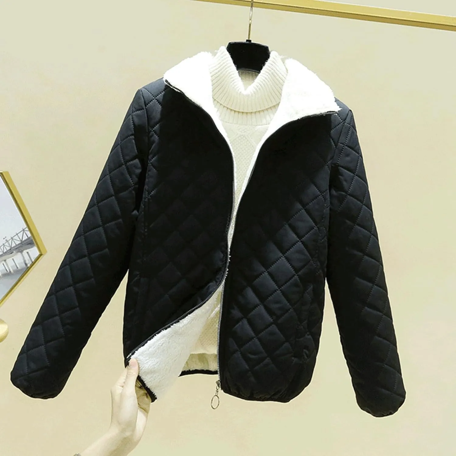 Women's Casual Full Zip Up Sherpa Lined Jackets Winter Warm Cotton Padded Quilted Coats Comfy Soft Outerwear