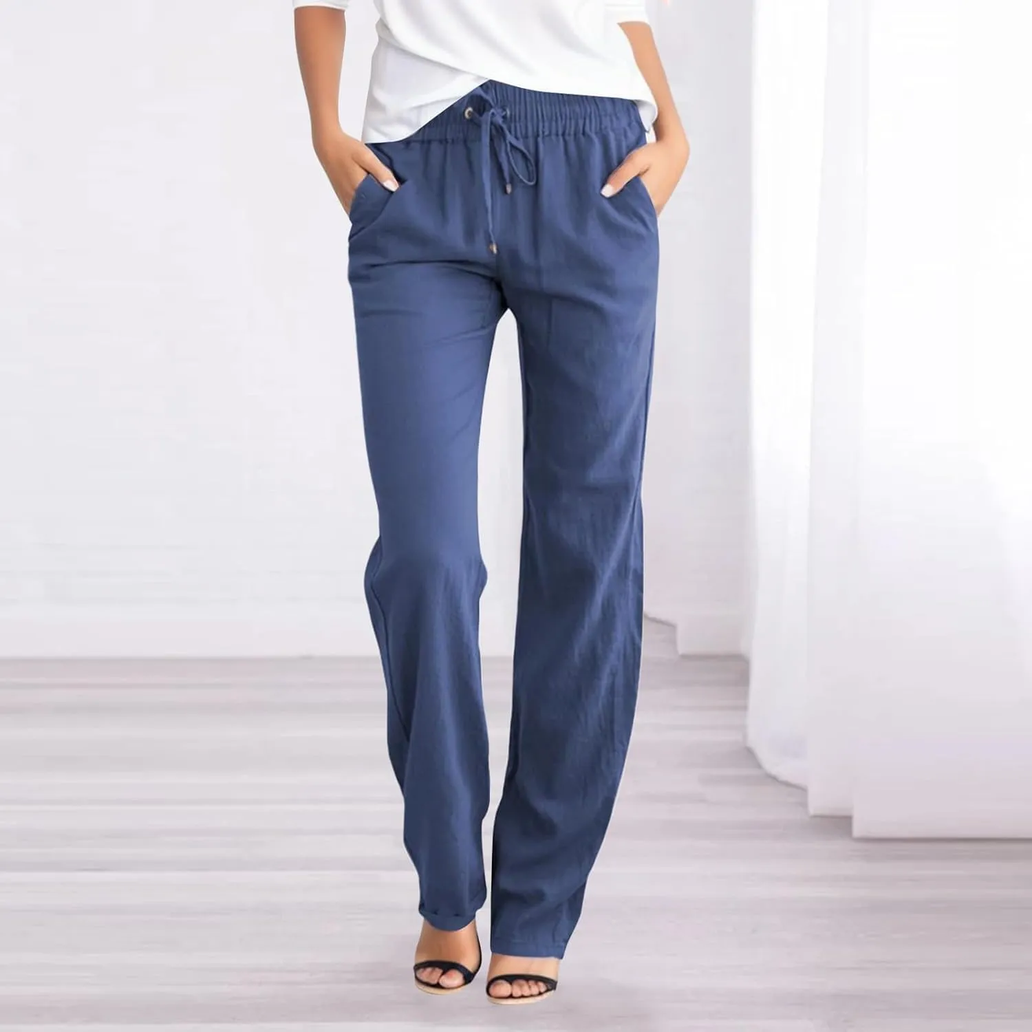 Womens Casual Linen Pants Summer Outfits Boho Drawstring Elastic Waist Trousers Lounge Vacation Clothing