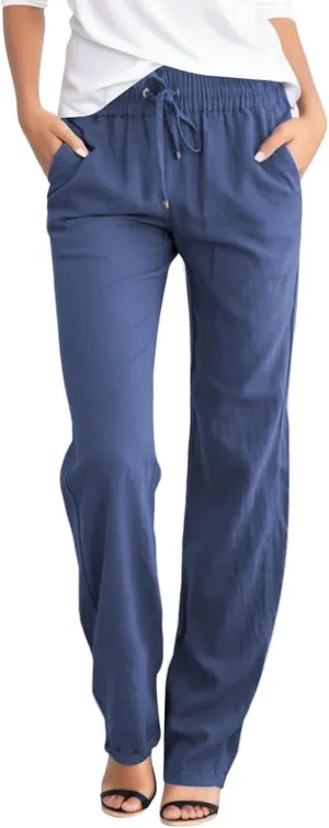 Womens Casual Linen Pants Summer Outfits Boho Drawstring Elastic Waist Trousers Lounge Vacation Clothing