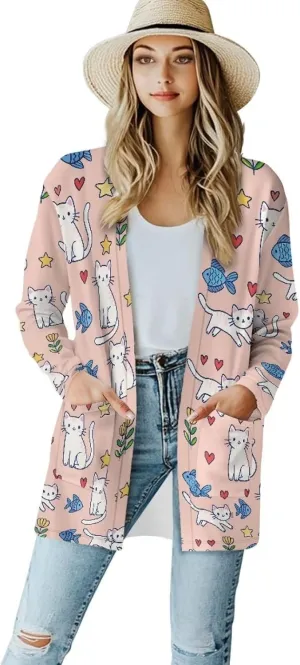 Women's Casual Loose Long Sleeve Open Front Cardigan Lightweight Soft Long Sleeve Jackets with Pocket