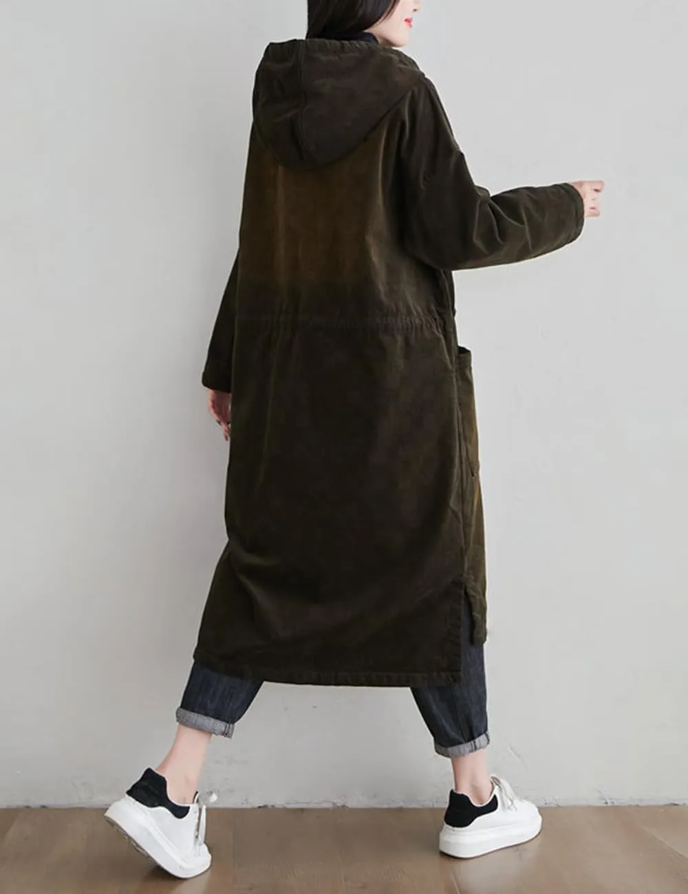 Women's Corduroy Lightweight Fleece Lined Hooded Trench Jacket Warm Windbreaker Long Coat