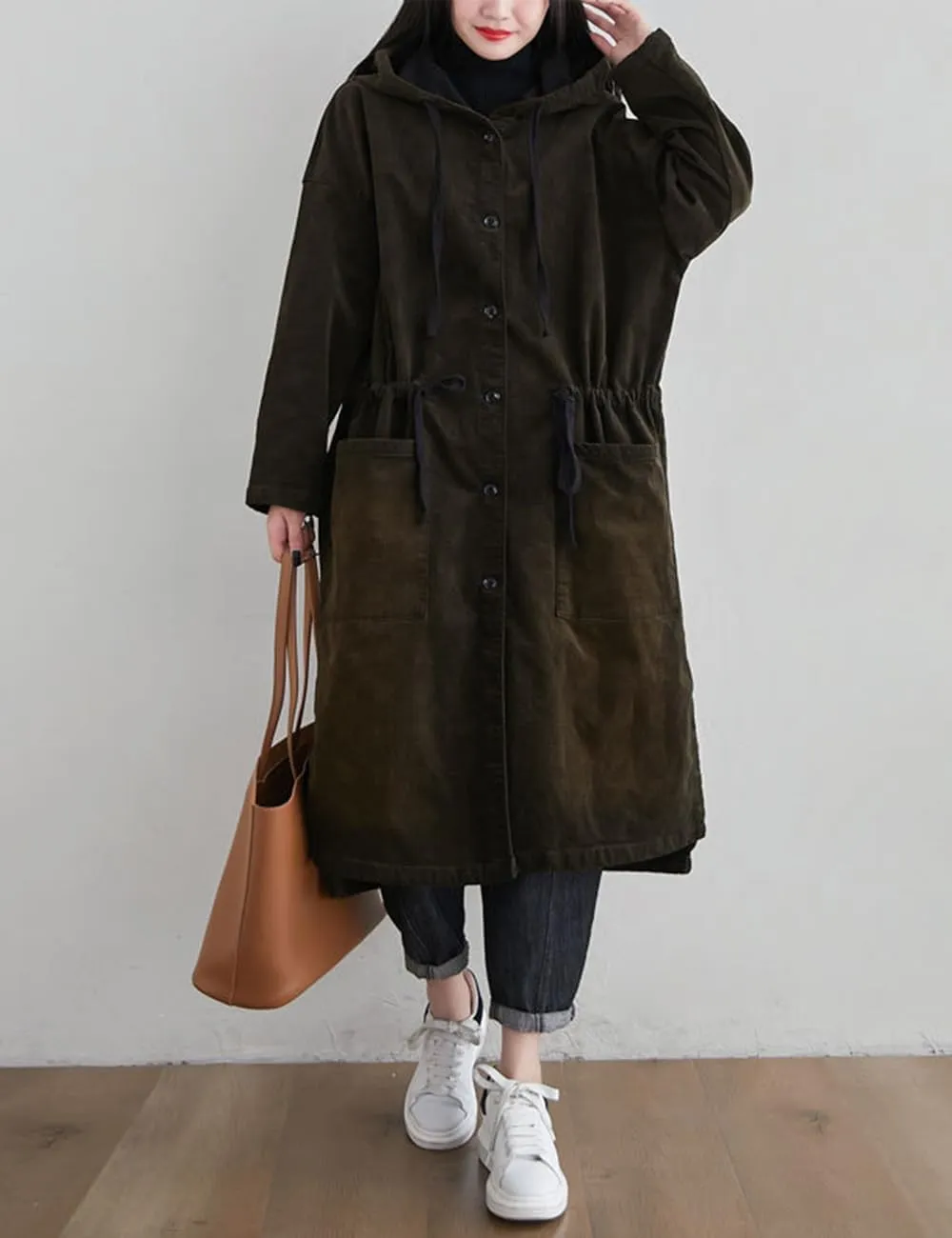 Women's Corduroy Lightweight Fleece Lined Hooded Trench Jacket Warm Windbreaker Long Coat