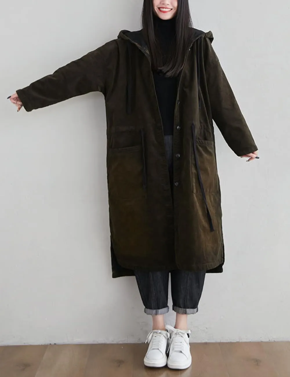 Women's Corduroy Lightweight Fleece Lined Hooded Trench Jacket Warm Windbreaker Long Coat