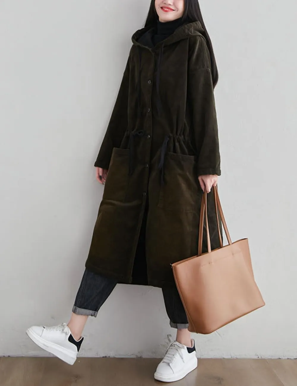 Women's Corduroy Lightweight Fleece Lined Hooded Trench Jacket Warm Windbreaker Long Coat