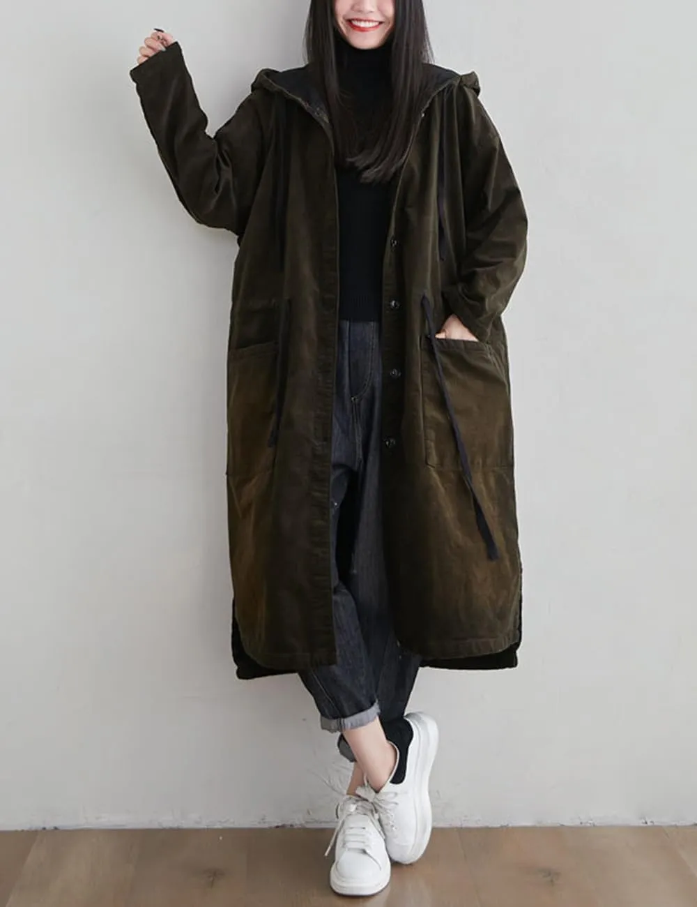 Women's Corduroy Lightweight Fleece Lined Hooded Trench Jacket Warm Windbreaker Long Coat