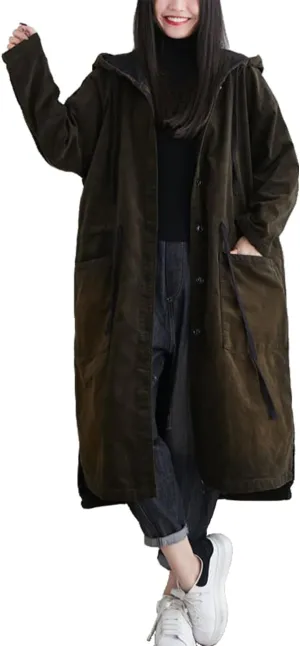 Women's Corduroy Lightweight Fleece Lined Hooded Trench Jacket Warm Windbreaker Long Coat