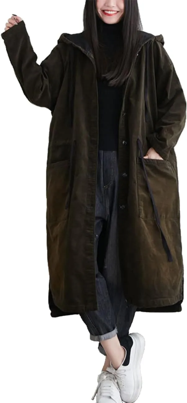 Women's Corduroy Lightweight Fleece Lined Hooded Trench Jacket Warm Windbreaker Long Coat