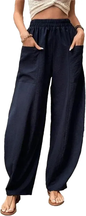 Women's Cotton Linen Harem Pants Vintage Loose Casual Trousers Elastic Waist Cargo Wide-Legged Pants