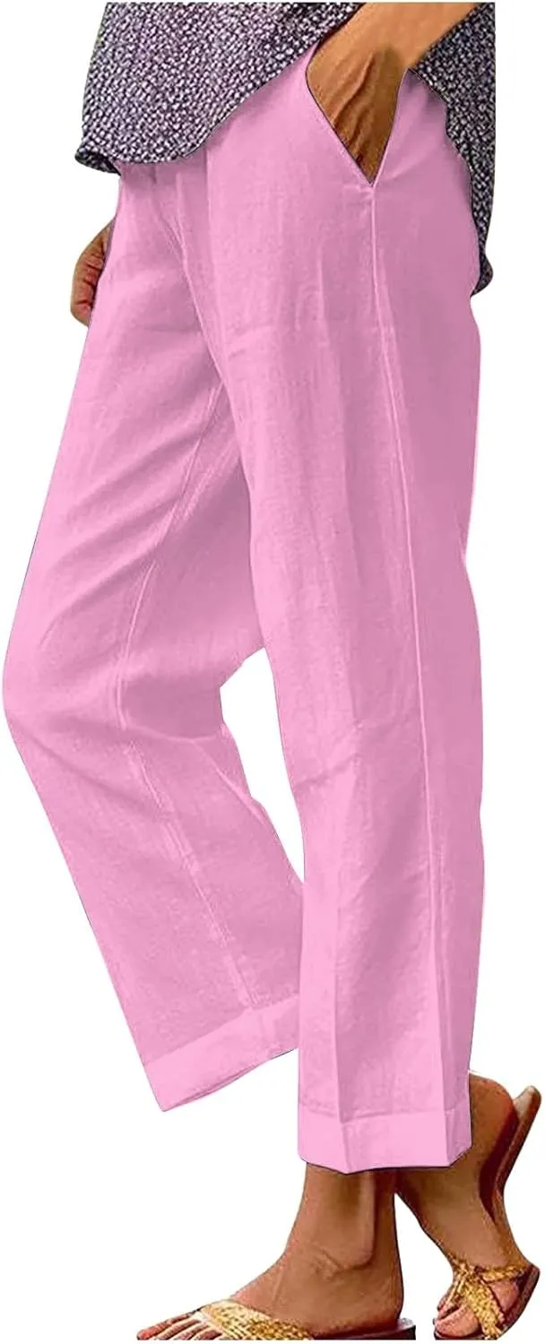 Womens Cropped Linen Pants Summer Elastic Waist Straight Leg Oversized Crop Pants Casual Trousers with Pockets