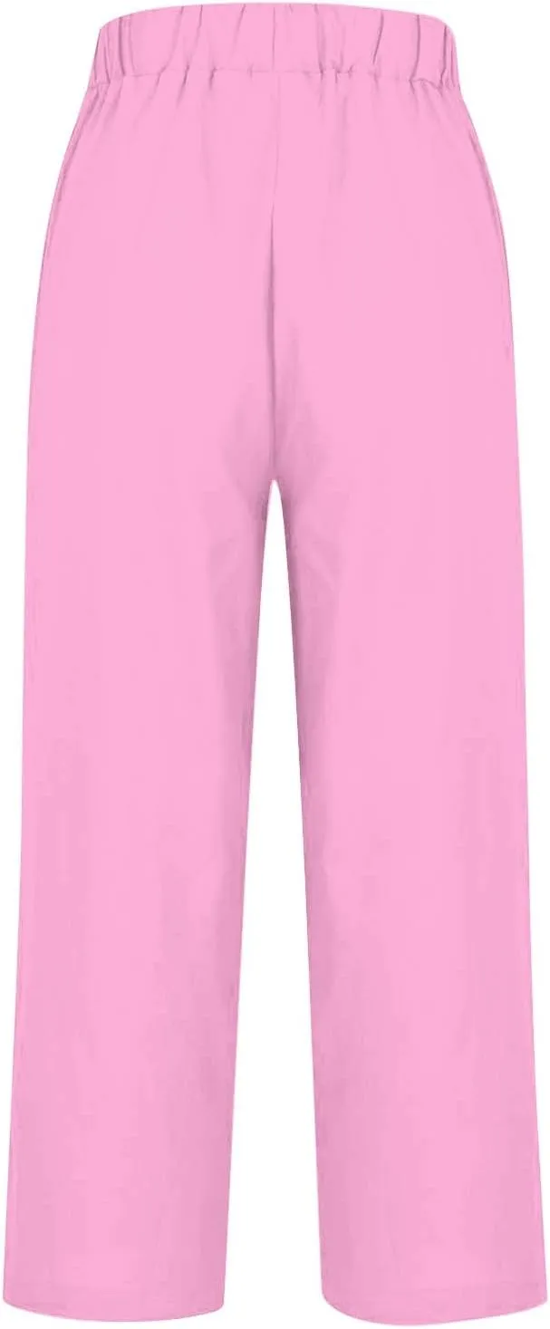 Womens Cropped Linen Pants Summer Elastic Waist Straight Leg Oversized Crop Pants Casual Trousers with Pockets