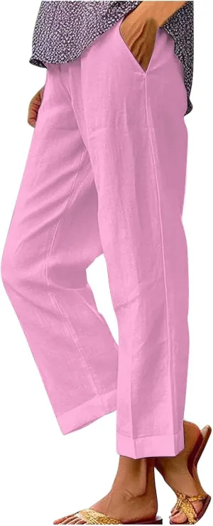 Womens Cropped Linen Pants Summer Elastic Waist Straight Leg Oversized Crop Pants Casual Trousers with Pockets