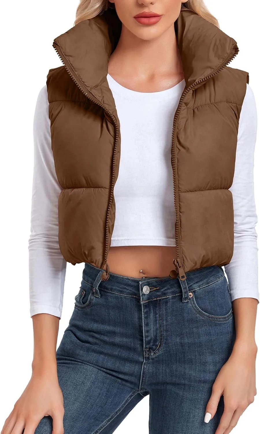 Women's Cropped Puffer Vest Sleeveless High Stand Collar Crop Outerwear Zip Up Warm Padded Gilet