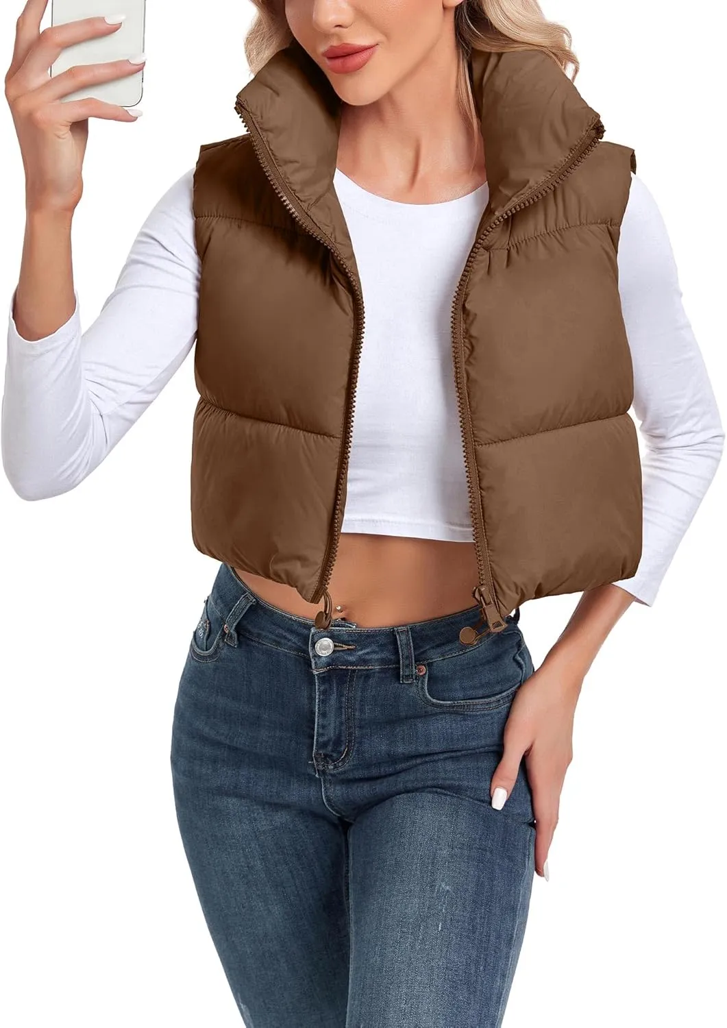 Women's Cropped Puffer Vest Sleeveless High Stand Collar Crop Outerwear Zip Up Warm Padded Gilet