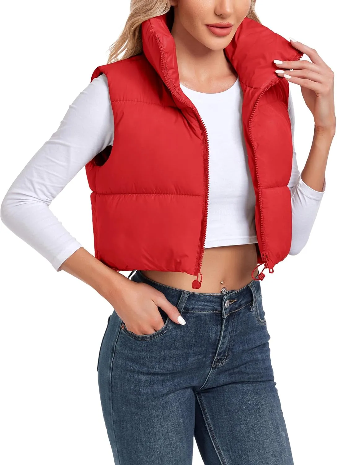 Women's Cropped Puffer Vest Sleeveless High Stand Collar Crop Outerwear Zip Up Warm Padded Gilet