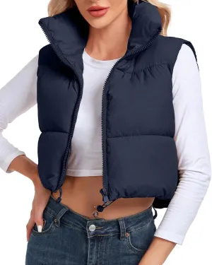 Women's Cropped Puffer Vest Sleeveless High Stand Collar Crop Outerwear Zip Up Warm Padded Gilet