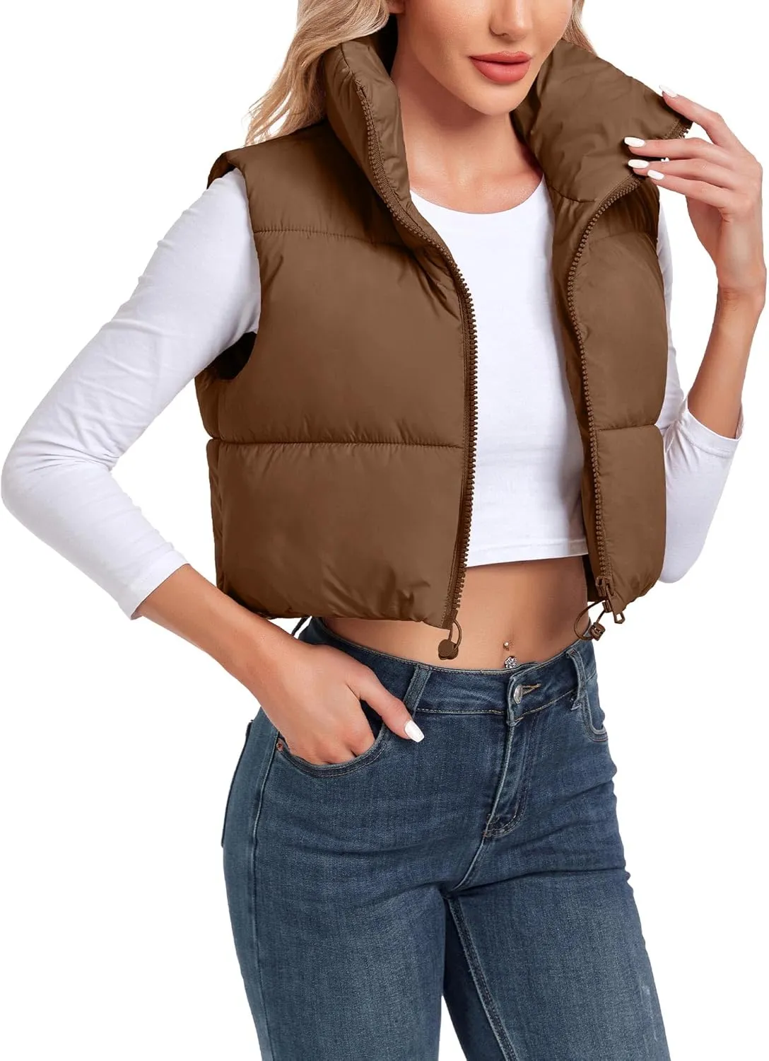 Women's Cropped Puffer Vest Sleeveless High Stand Collar Crop Outerwear Zip Up Warm Padded Gilet