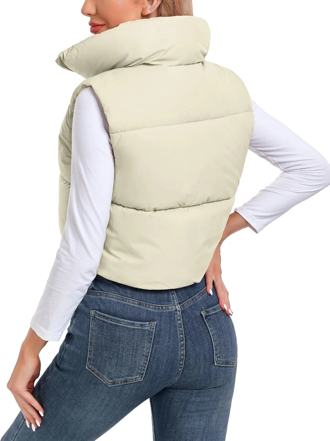 Women's Cropped Puffer Vest Sleeveless High Stand Collar Crop Outerwear Zip Up Warm Padded Gilet