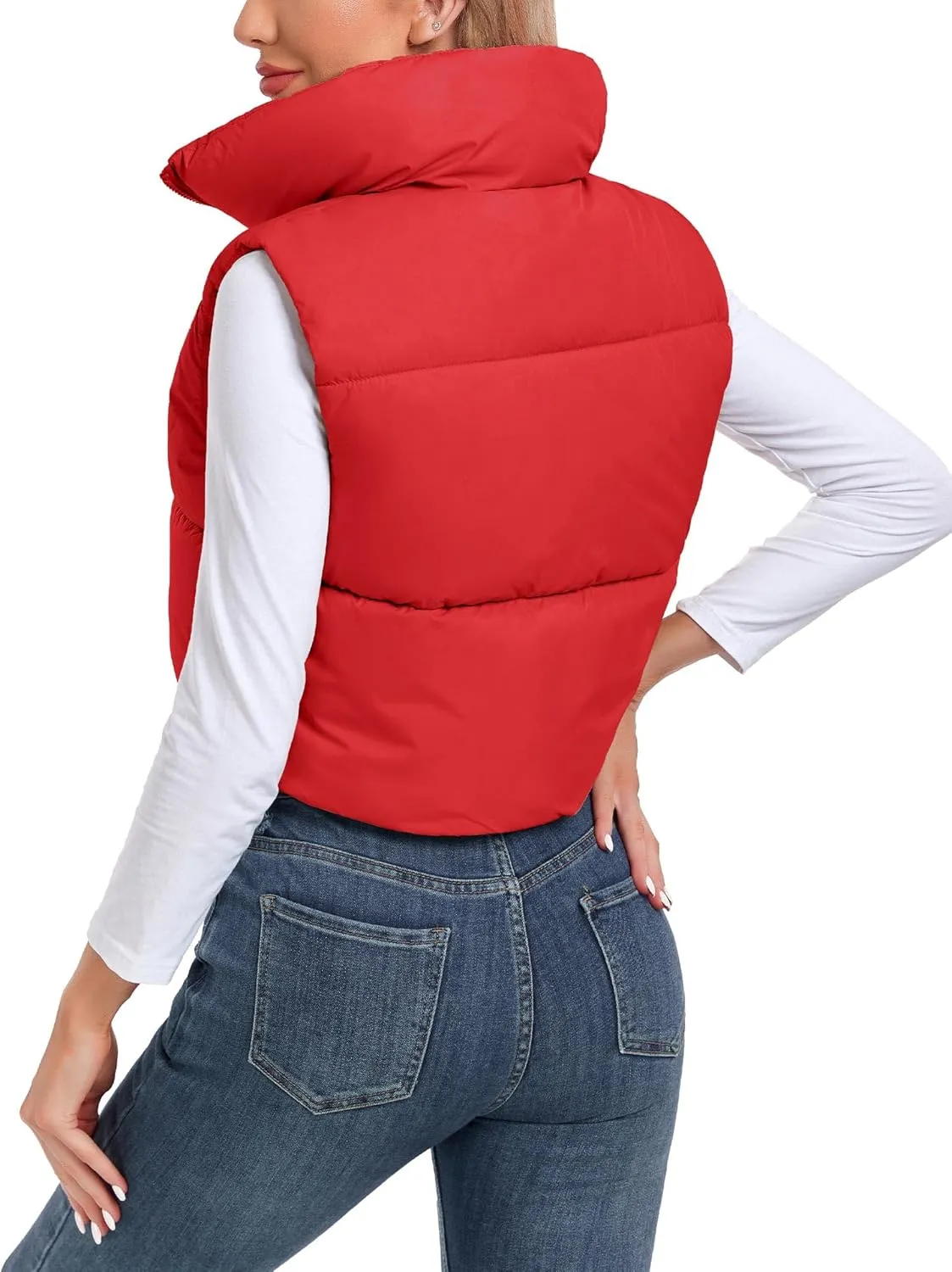 Women's Cropped Puffer Vest Sleeveless High Stand Collar Crop Outerwear Zip Up Warm Padded Gilet