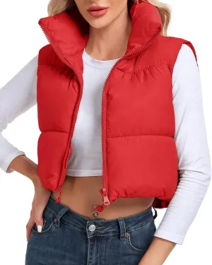 Women's Cropped Puffer Vest Sleeveless High Stand Collar Crop Outerwear Zip Up Warm Padded Gilet