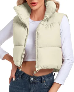 Women's Cropped Puffer Vest Sleeveless High Stand Collar Crop Outerwear Zip Up Warm Padded Gilet