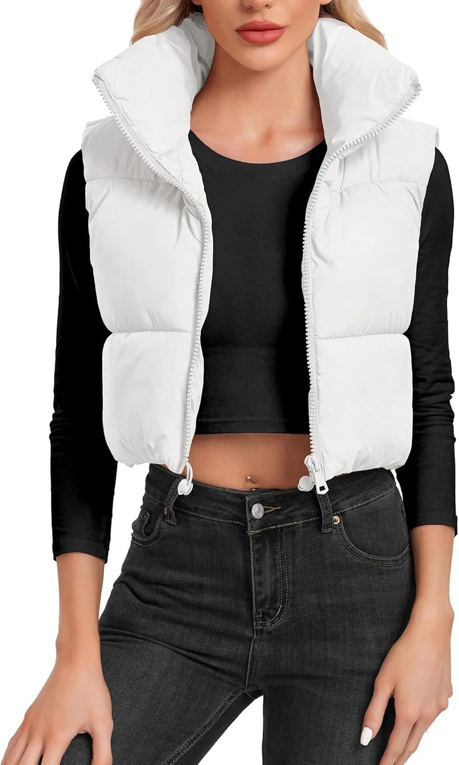 Women's Cropped Puffer Vest Sleeveless High Stand Collar Crop Outerwear Zip Up Warm Padded Gilet
