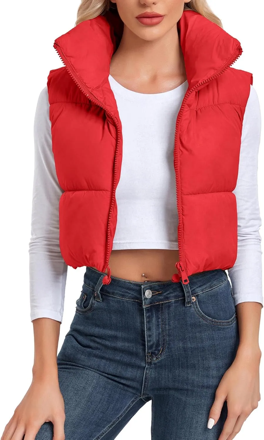 Women's Cropped Puffer Vest Sleeveless High Stand Collar Crop Outerwear Zip Up Warm Padded Gilet