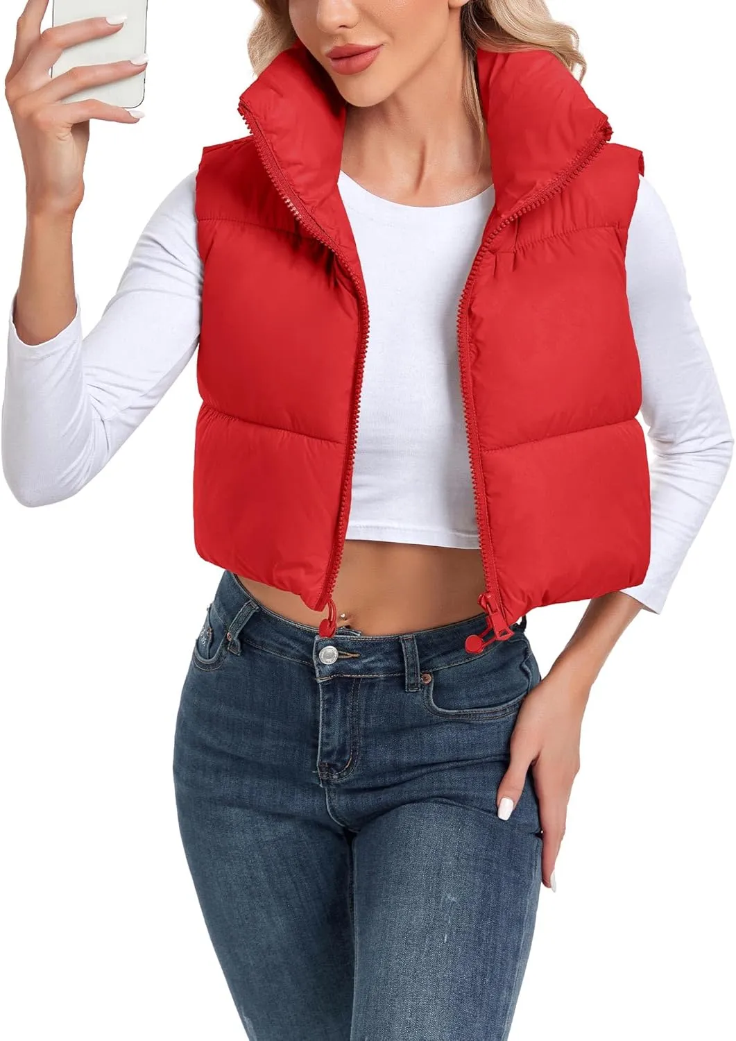 Women's Cropped Puffer Vest Sleeveless High Stand Collar Crop Outerwear Zip Up Warm Padded Gilet