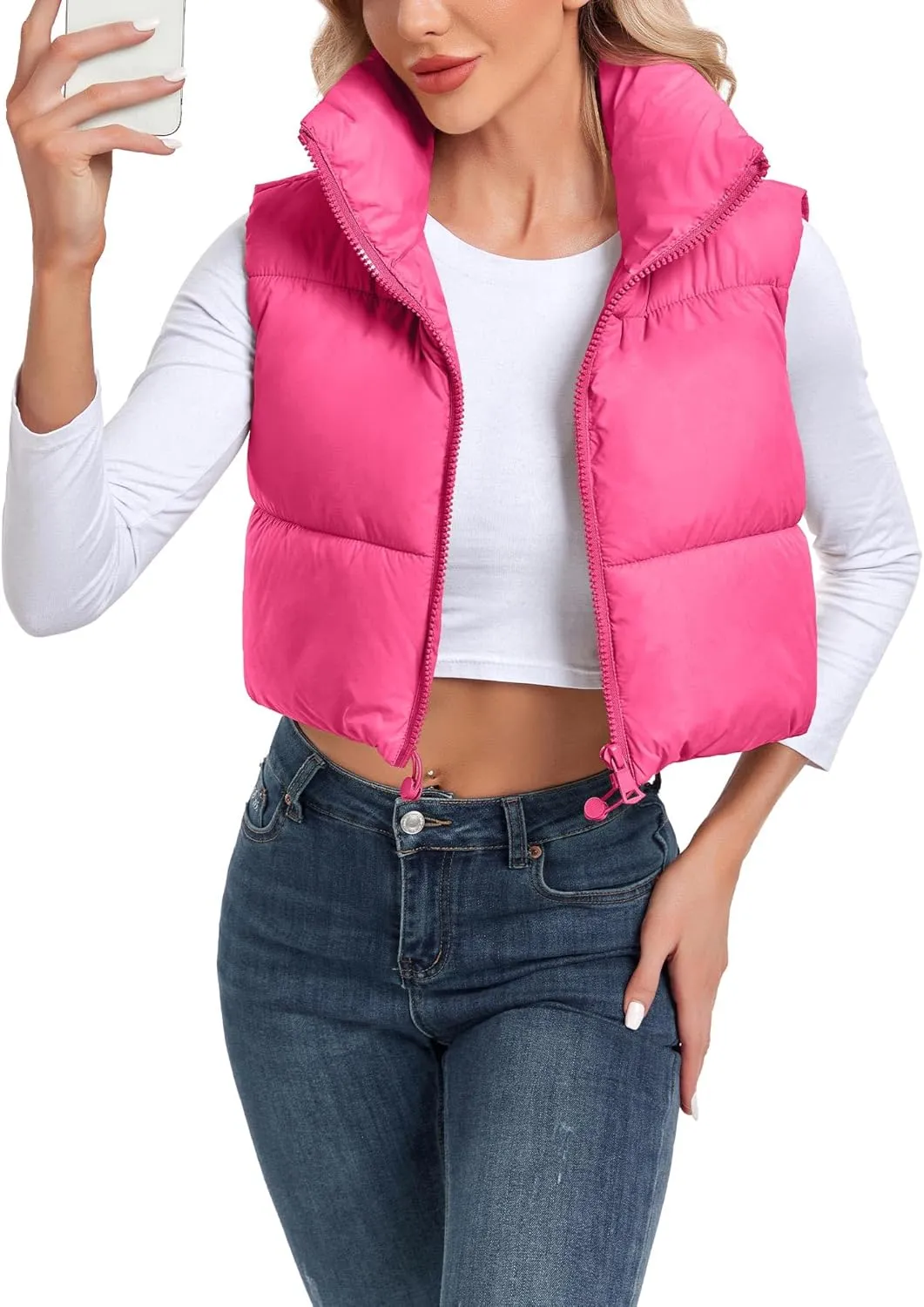 Women's Cropped Puffer Vest Sleeveless High Stand Collar Crop Outerwear Zip Up Warm Padded Gilet